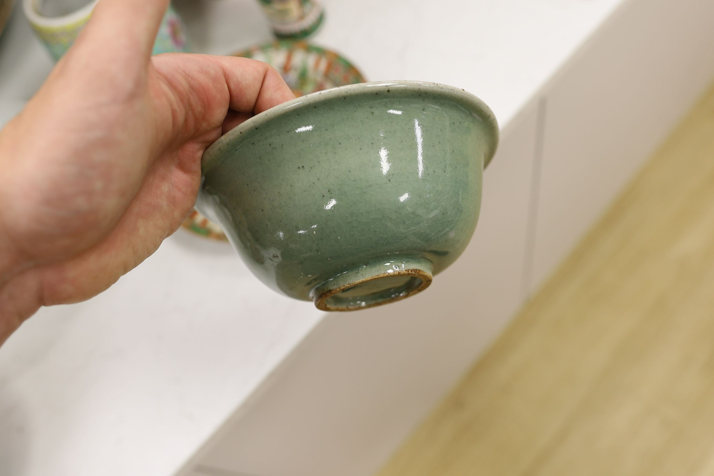 A Chinese famille charger, three vases and a plate, together with other Chinese and Japanese ceramics (13 items), Charger 48 cms diameter